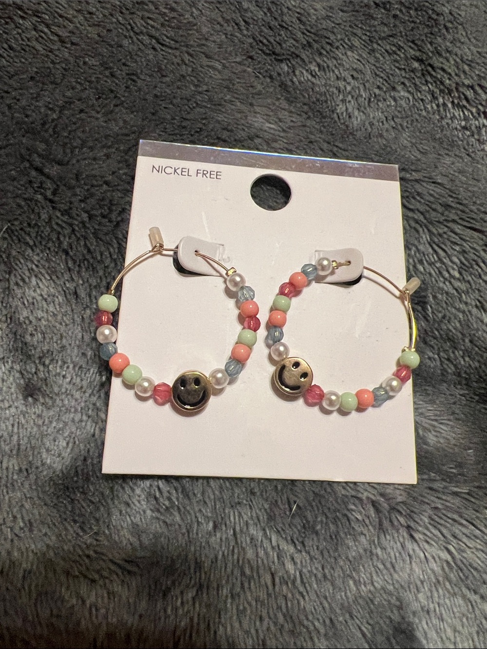 Gold Hoop Earrings with Multicolor Beads & Smiley Charms